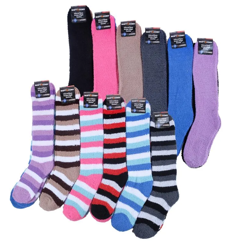 2 Pairs Women Microfibre Knee High Socks 52cm Length Stripe & Plain Colours