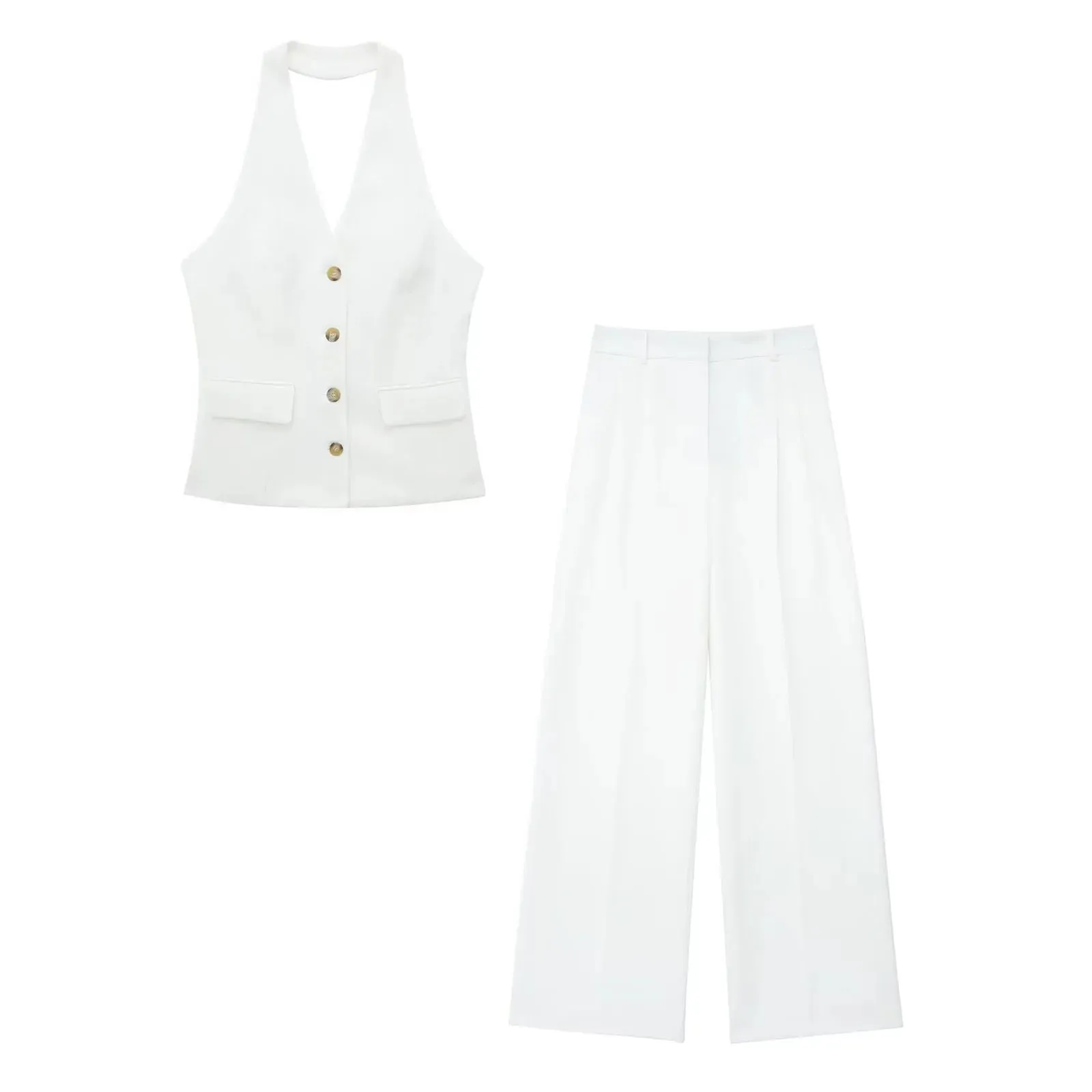 A&A Halter Neck Sleeveless Vest Top And Wide Leg Pant Set