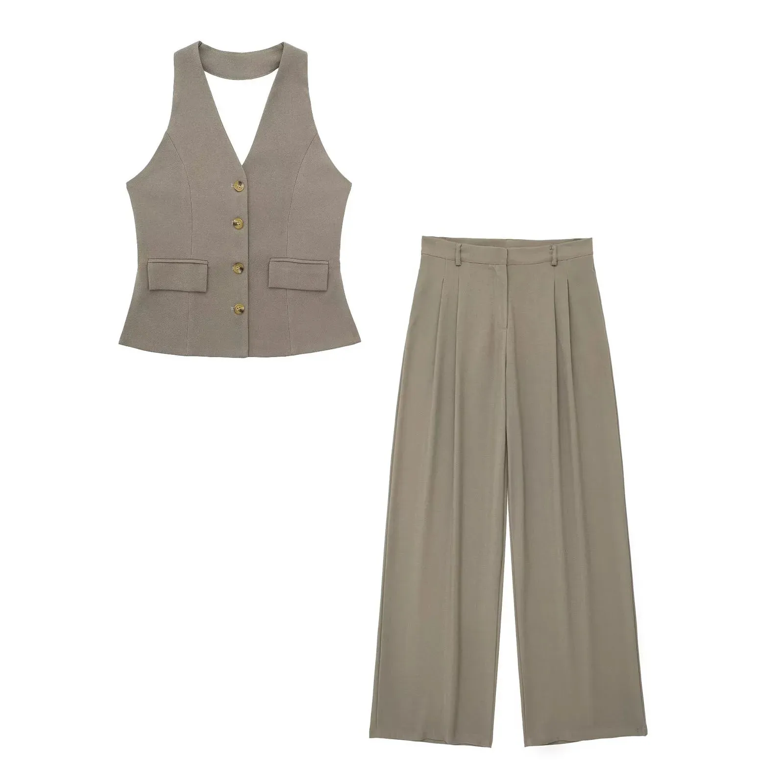 A&A Halter Neck Sleeveless Vest Top And Wide Leg Pant Set