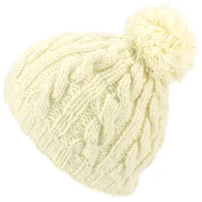 Acrylic Cable Knit Fleck Beanie Bobble Hat - White