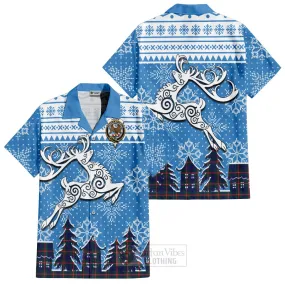 Agnew Clan Christmas Short Sleeve Button Shirt Celtic Reindeer Style