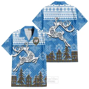 Aikenhead Clan Christmas Short Sleeve Button Shirt Celtic Reindeer Style