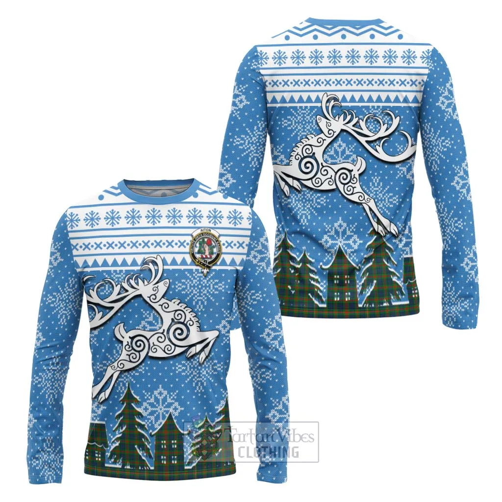 Aiton Clan Christmas Long Sleeve T-Shirt Celtic Reindeer Style