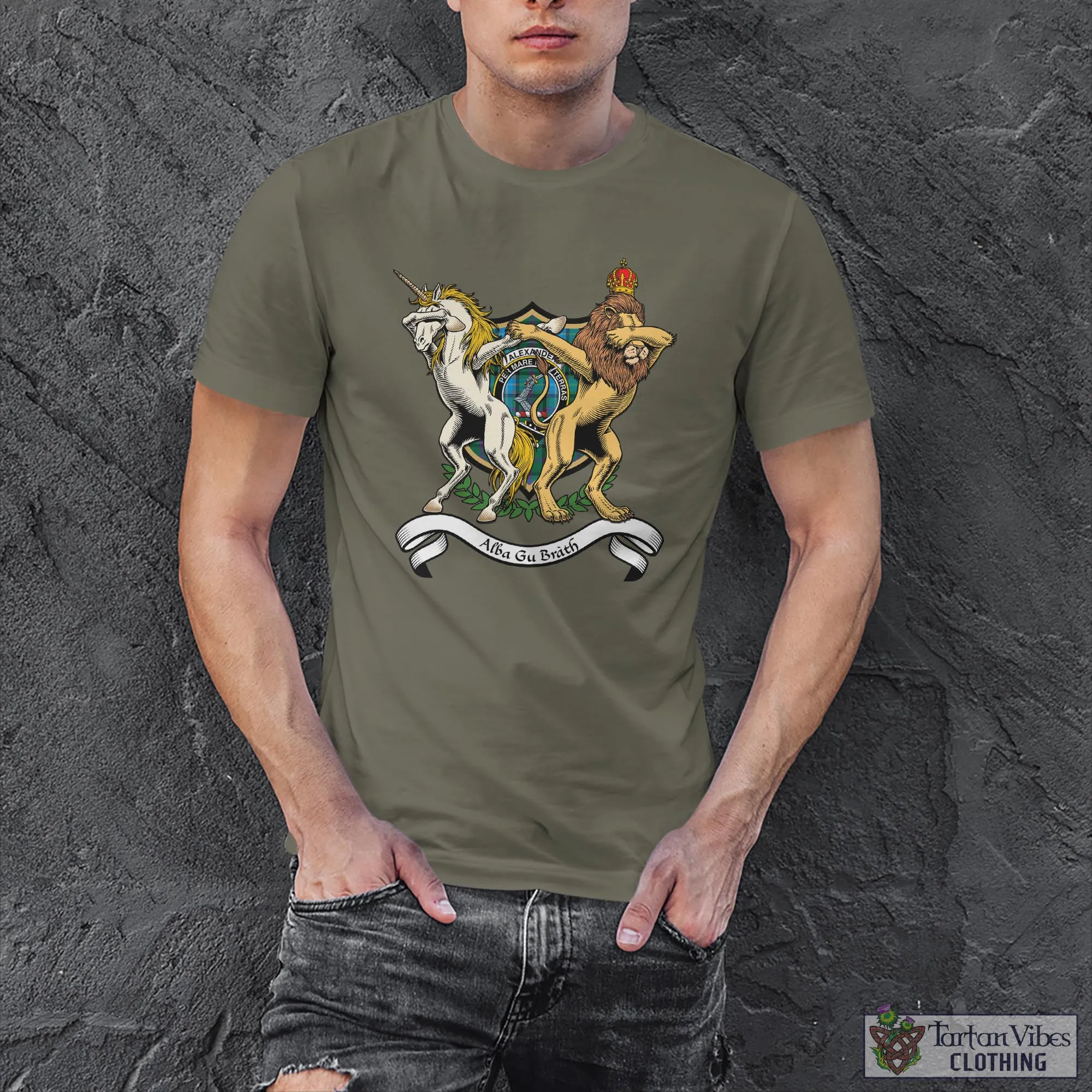 Alexander of Menstry Hunting Family Crest Cotton Men's T-Shirt with Scotland Royal Coat Of Arm Funny Style