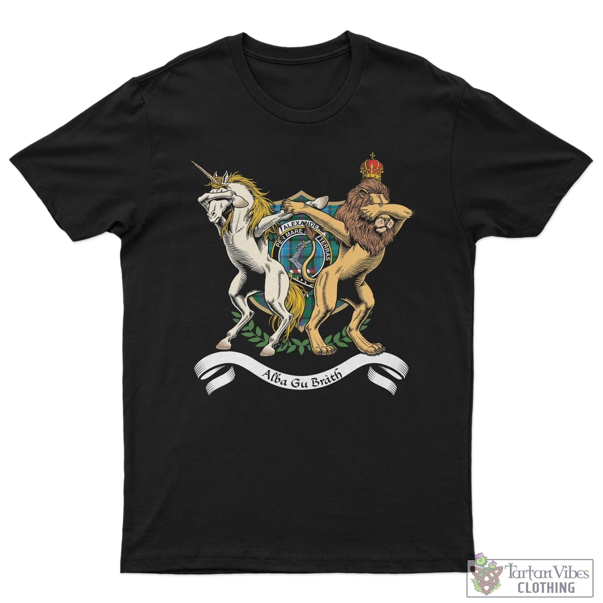 Alexander of Menstry Hunting Family Crest Cotton Men's T-Shirt with Scotland Royal Coat Of Arm Funny Style