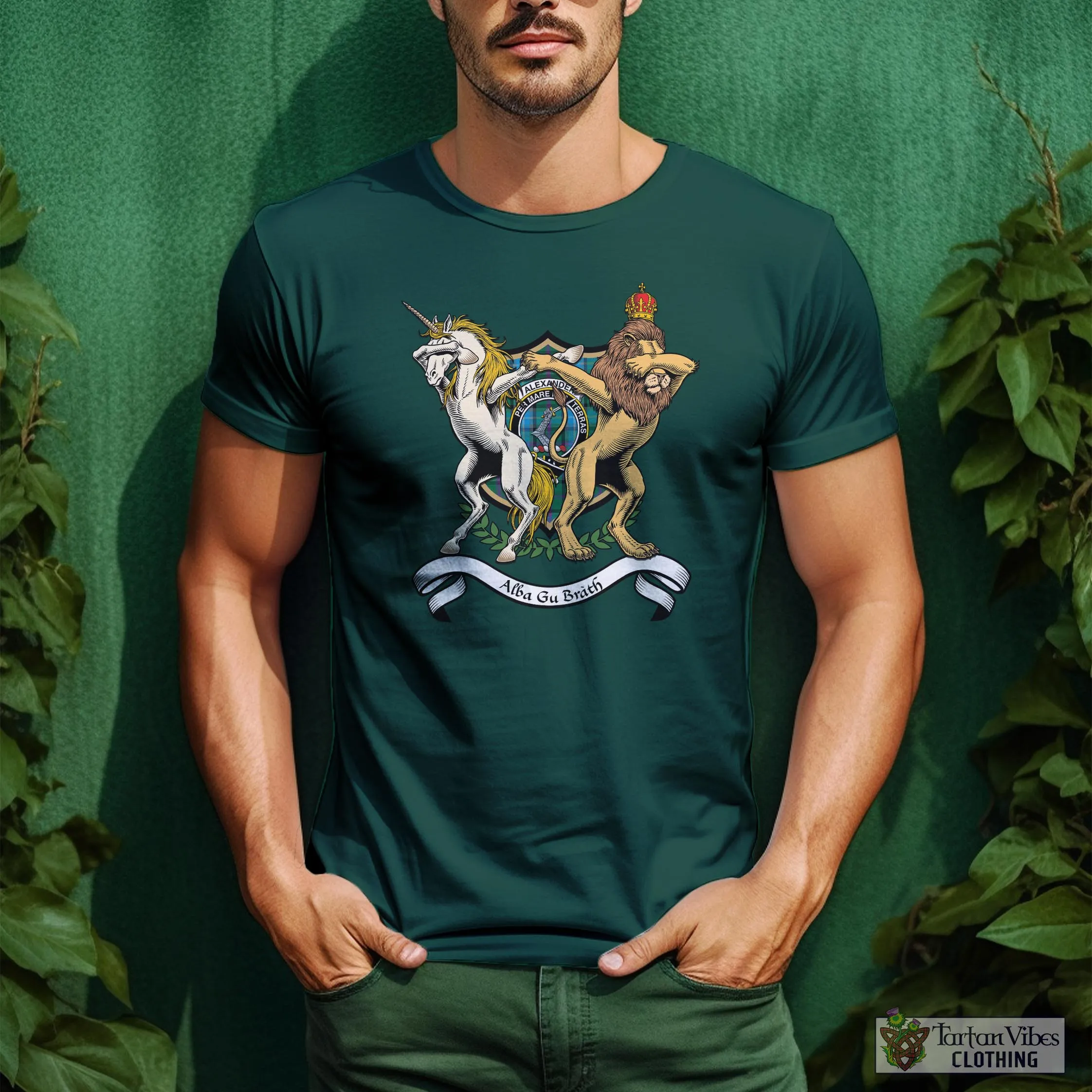 Alexander of Menstry Hunting Family Crest Cotton Men's T-Shirt with Scotland Royal Coat Of Arm Funny Style