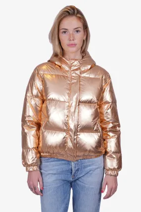 Alice   Olivia Gold Metallic Down Puffer Jacket with Hood