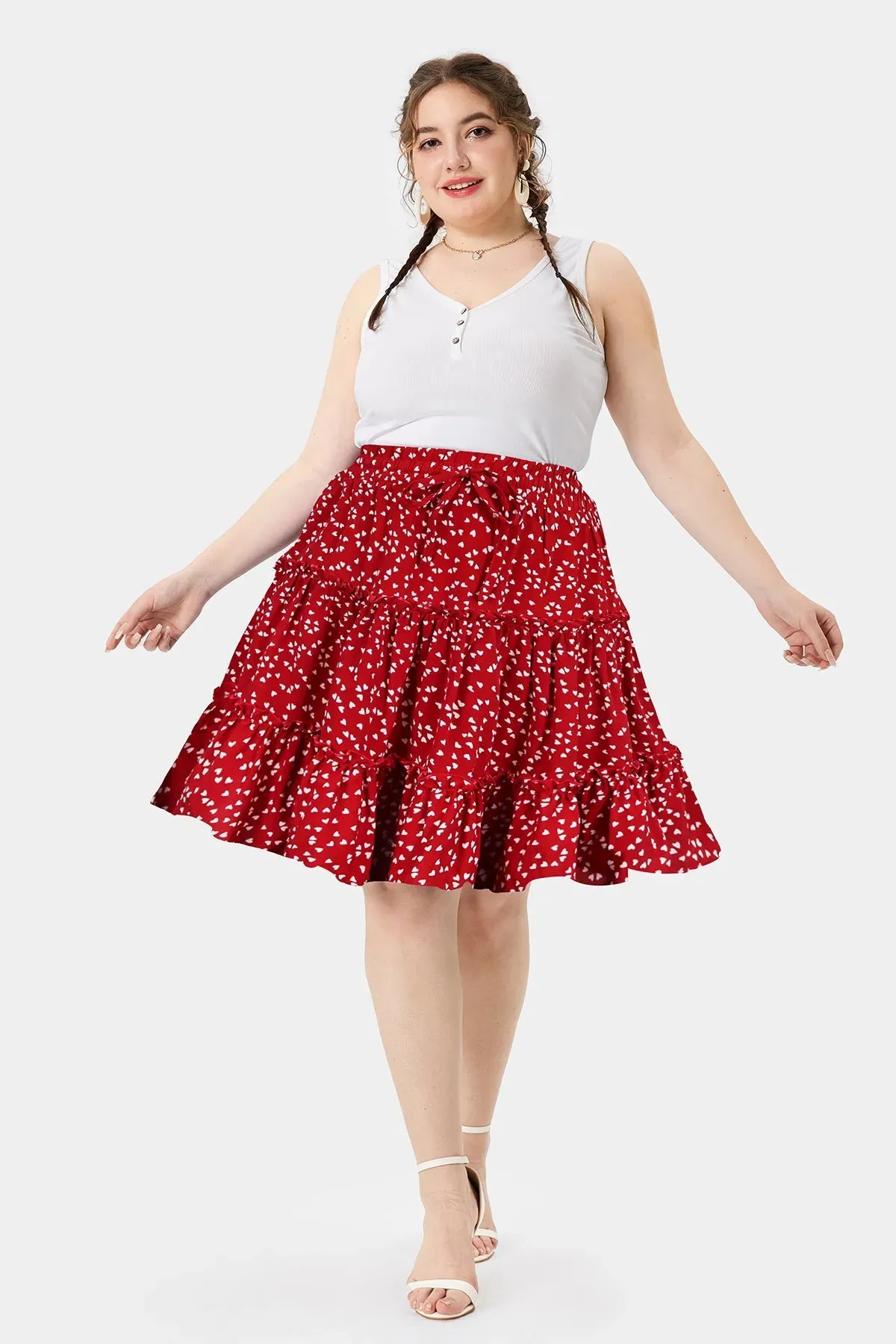 Allover Heart Print Elastic Waist Pleated Mini Skirt