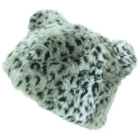 Animal Print Beanie Hat with Ears - Silver