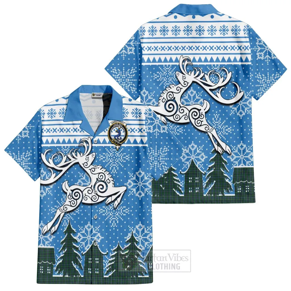 Arbuthnot Clan Christmas Short Sleeve Button Shirt Celtic Reindeer Style