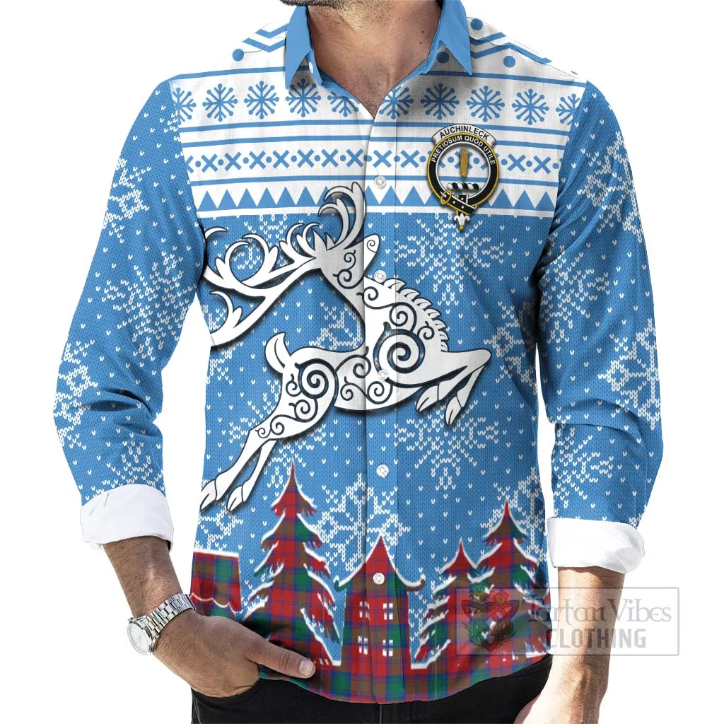 Auchinleck (Affleck) Clan Christmas Long Sleeve Button Shirt Celtic Reindeer Style