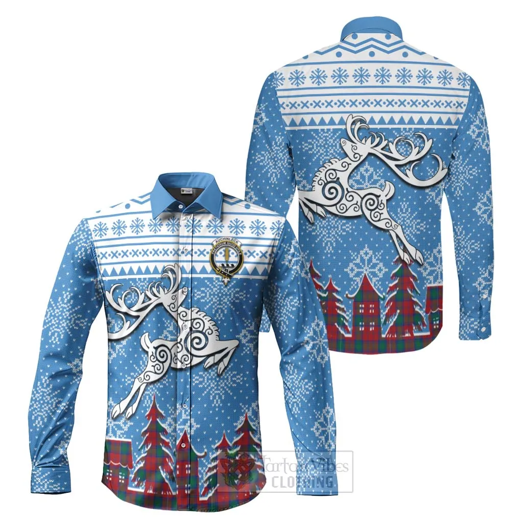 Auchinleck (Affleck) Clan Christmas Long Sleeve Button Shirt Celtic Reindeer Style