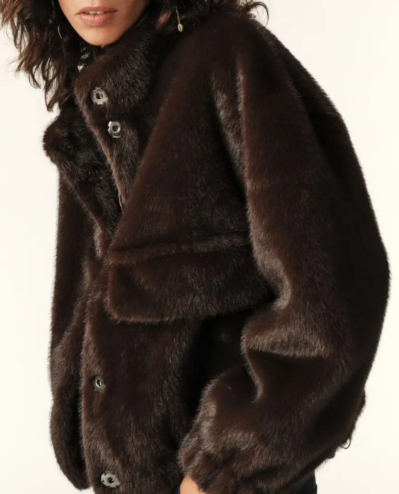 Ba&sh Paros Chocolate Brown Furry Coat