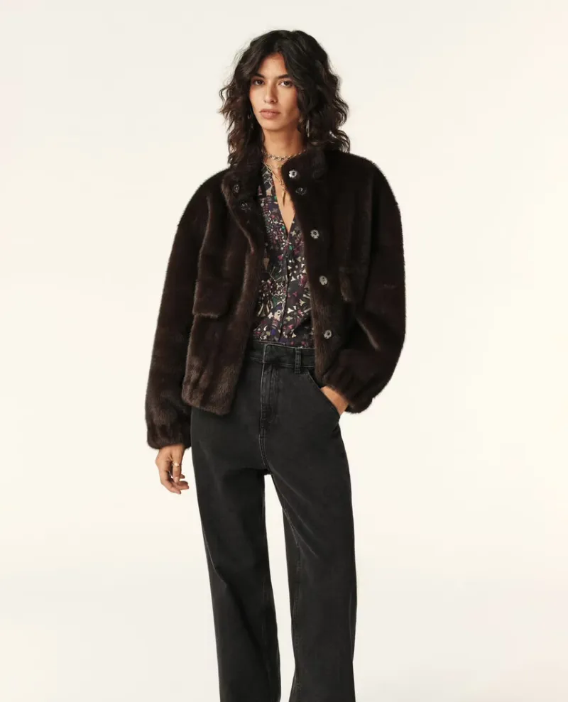 Ba&sh Paros Chocolate Brown Furry Coat