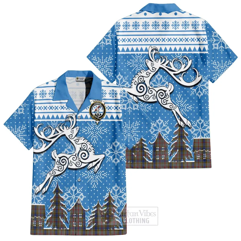 Balfour Clan Christmas Short Sleeve Button Shirt Celtic Reindeer Style