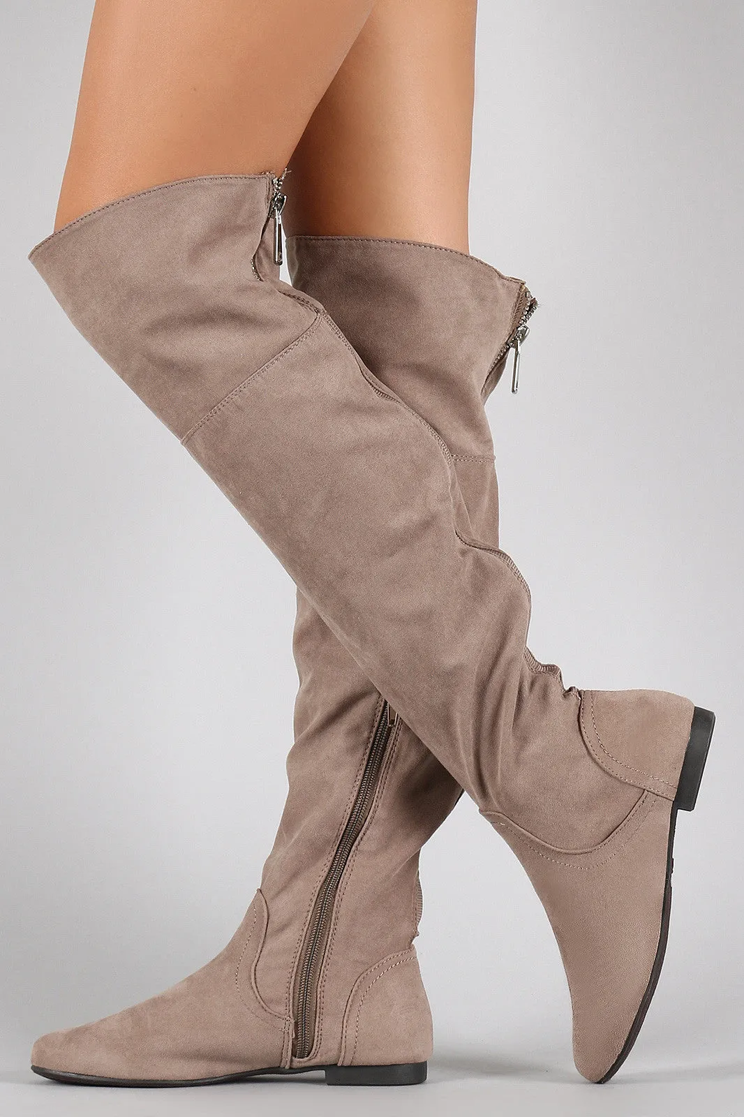 Bamboo Faux Suede Zipper Collar Knee High Boot