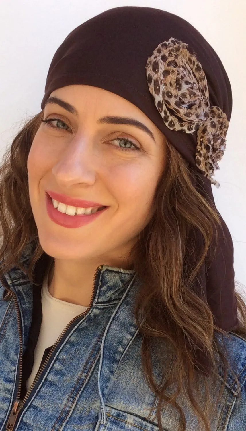 Bandana With Floral Design For Volume | Hat To Conceal Hair Brown Knit Floral Embellished Pre-Tied Head Scarf