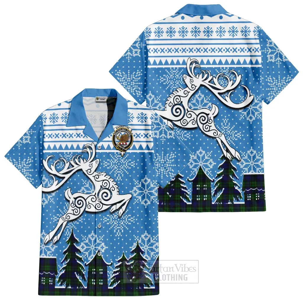 Bannatyne Clan Christmas Short Sleeve Button Shirt Celtic Reindeer Style