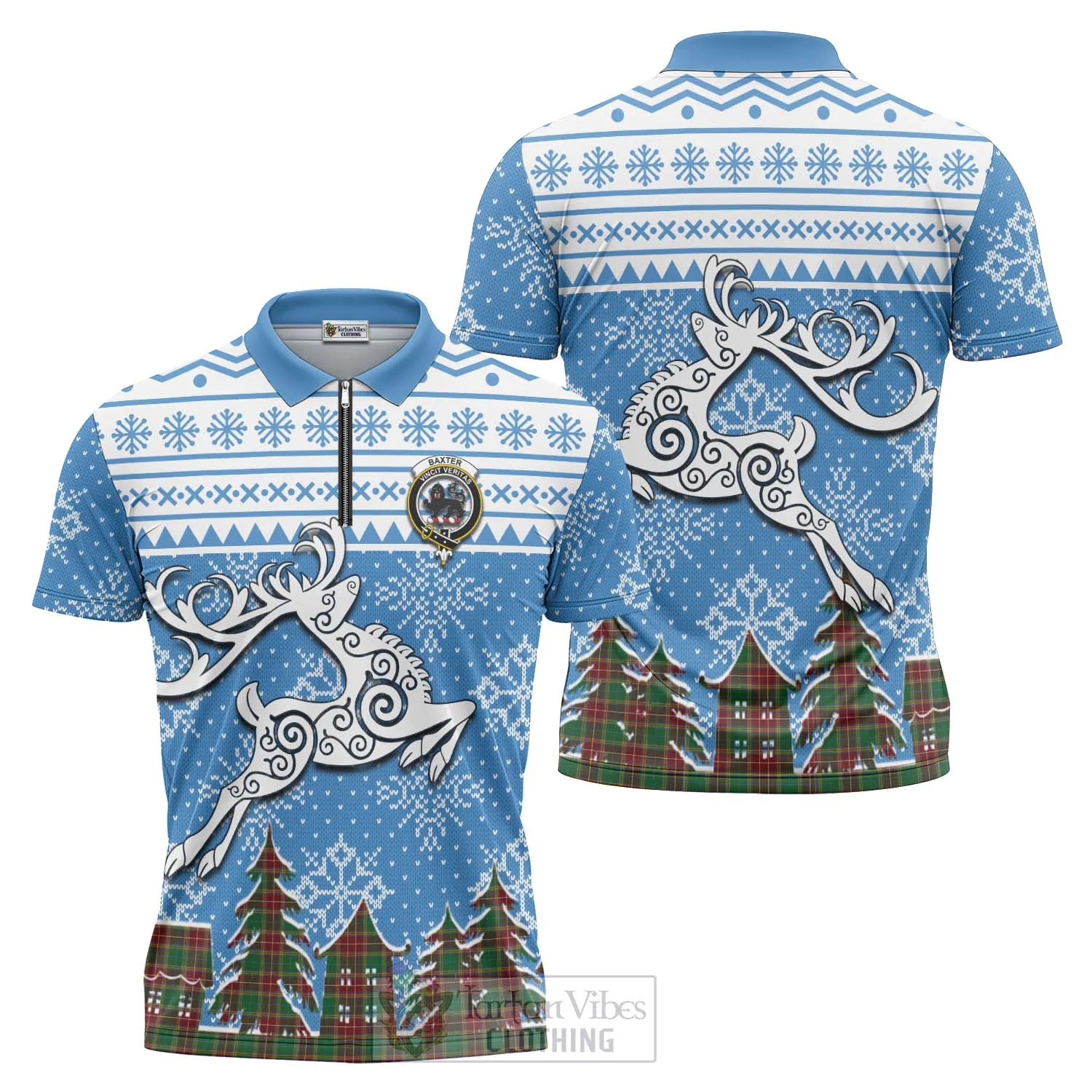 Baxter Clan Christmas Zipper Polo Shirt Celtic Reindeer Style