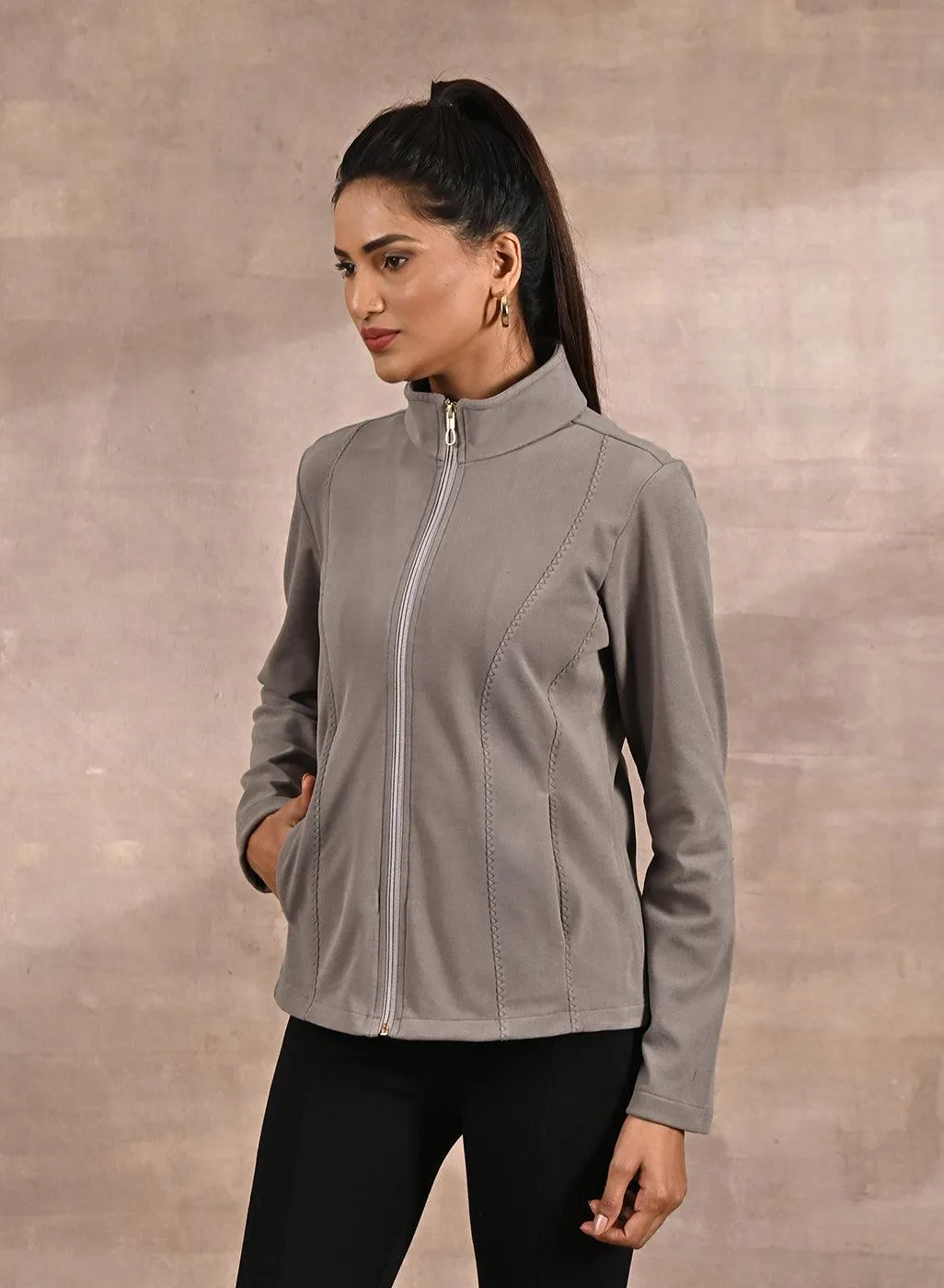 Beige Spread-neck Fleece Jacket with Zip-Closure