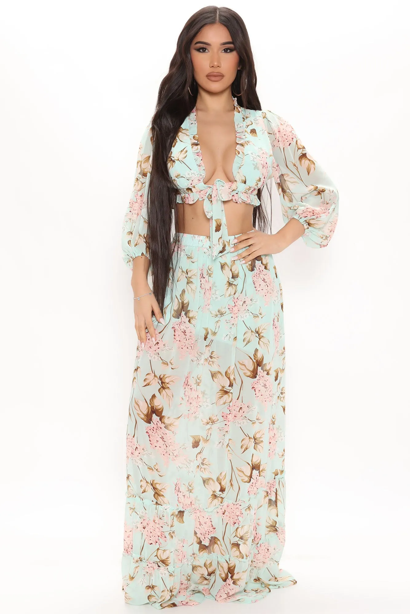 Believe In Us Floral Maxi Skirt Set - Mint/combo