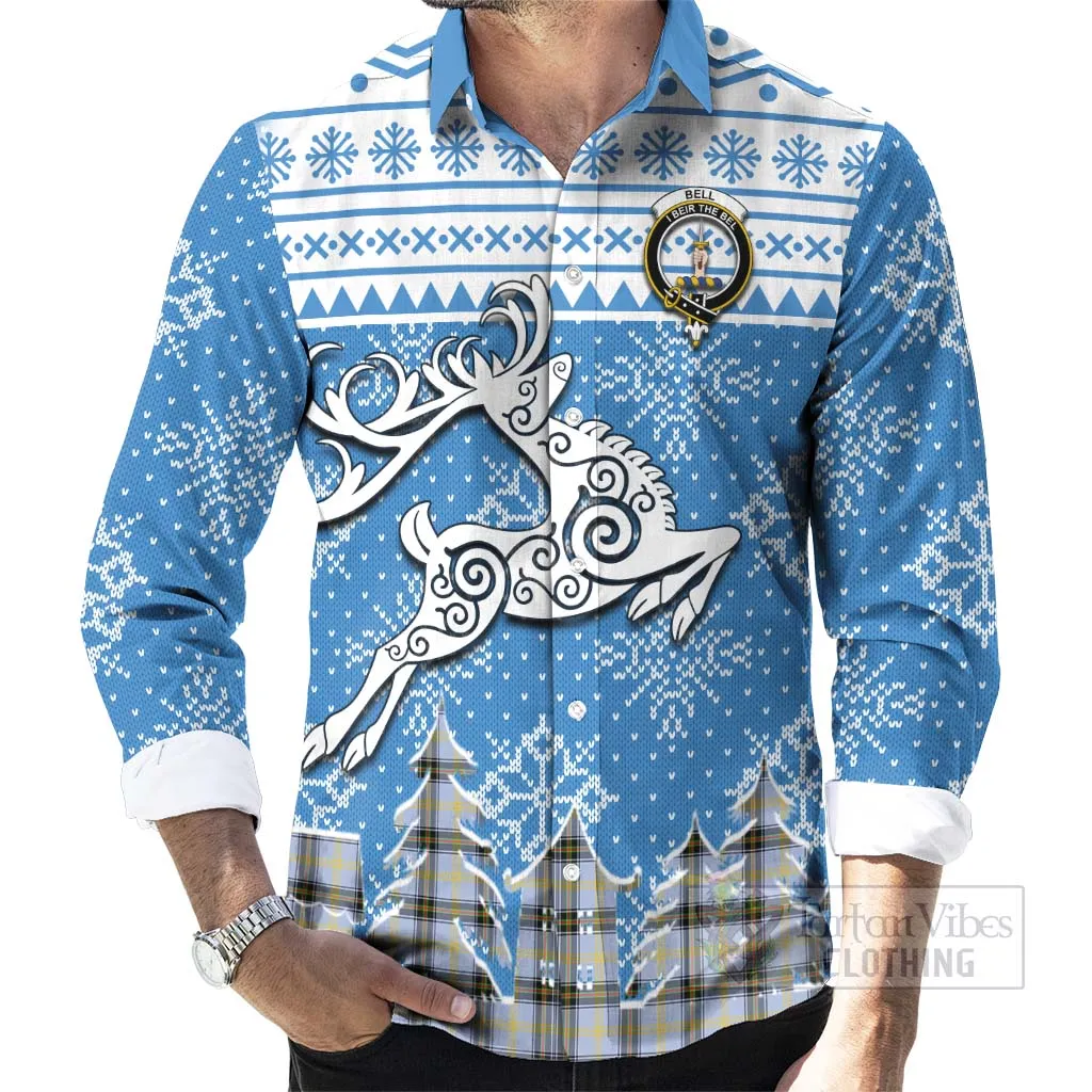 Bell Clan Christmas Long Sleeve Button Shirt Celtic Reindeer Style