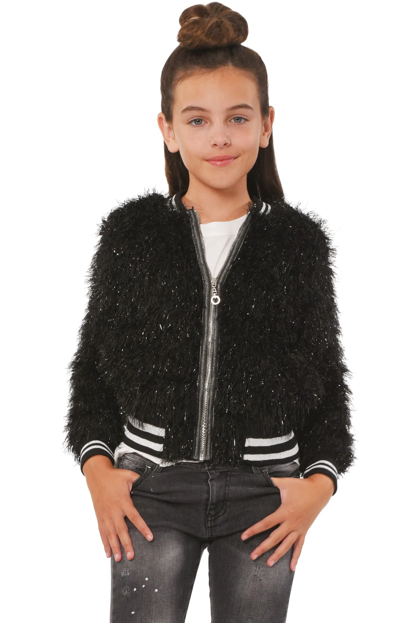 Big Girls Faux Fur Sparkly Sporty Chic Bomber Jacket