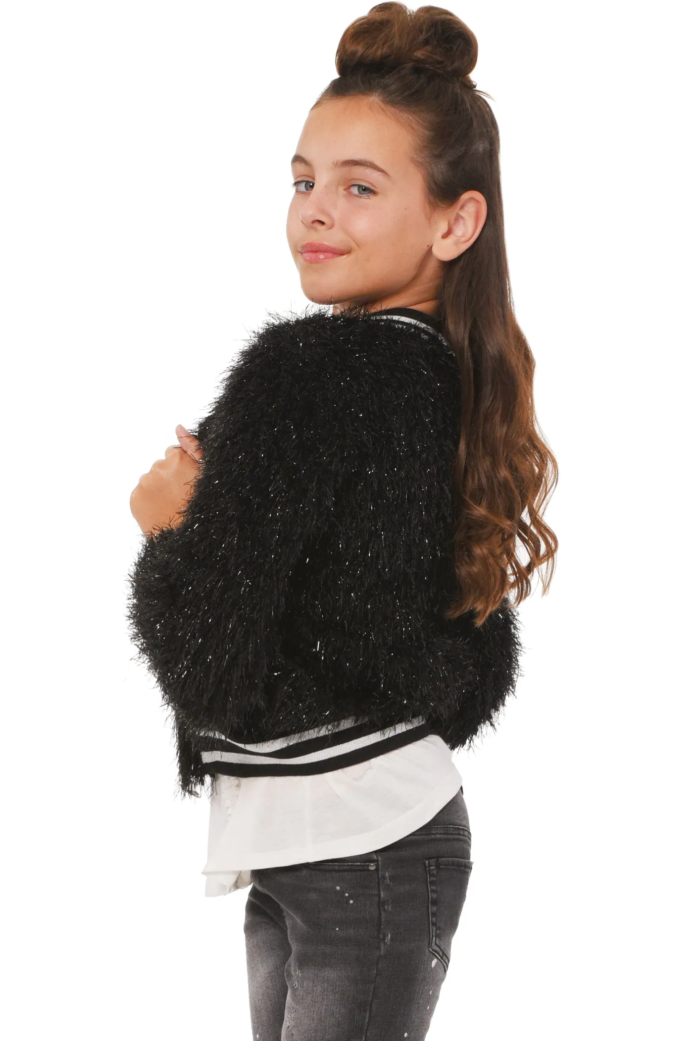 Big Girls Faux Fur Sparkly Sporty Chic Bomber Jacket