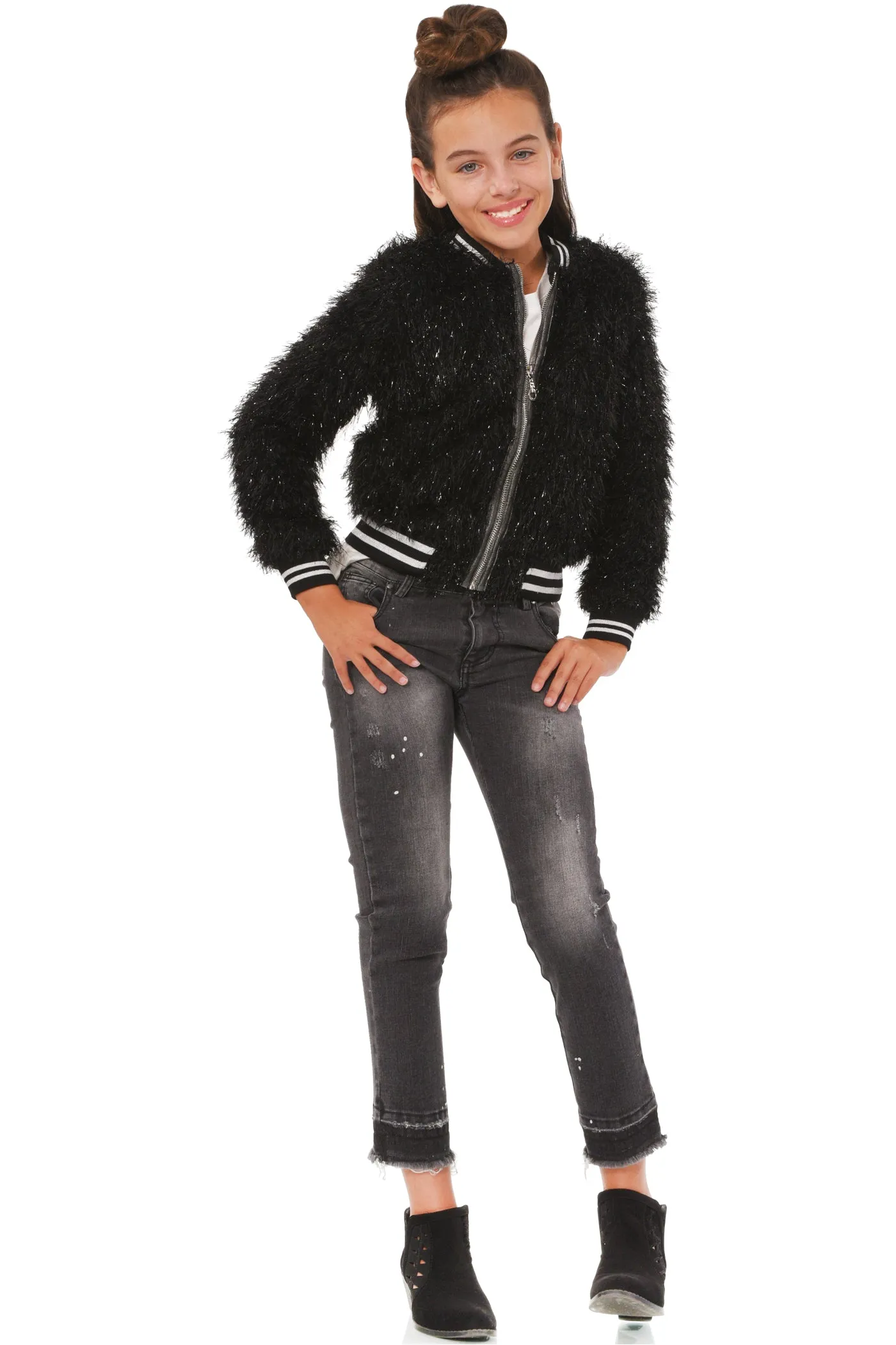 Big Girls Faux Fur Sparkly Sporty Chic Bomber Jacket