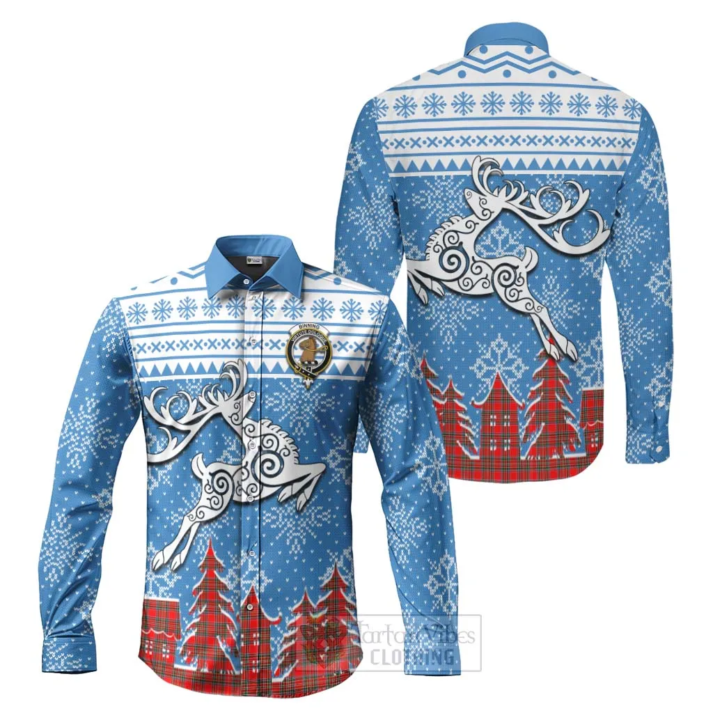 Binning Clan Christmas Long Sleeve Button Shirt Celtic Reindeer Style