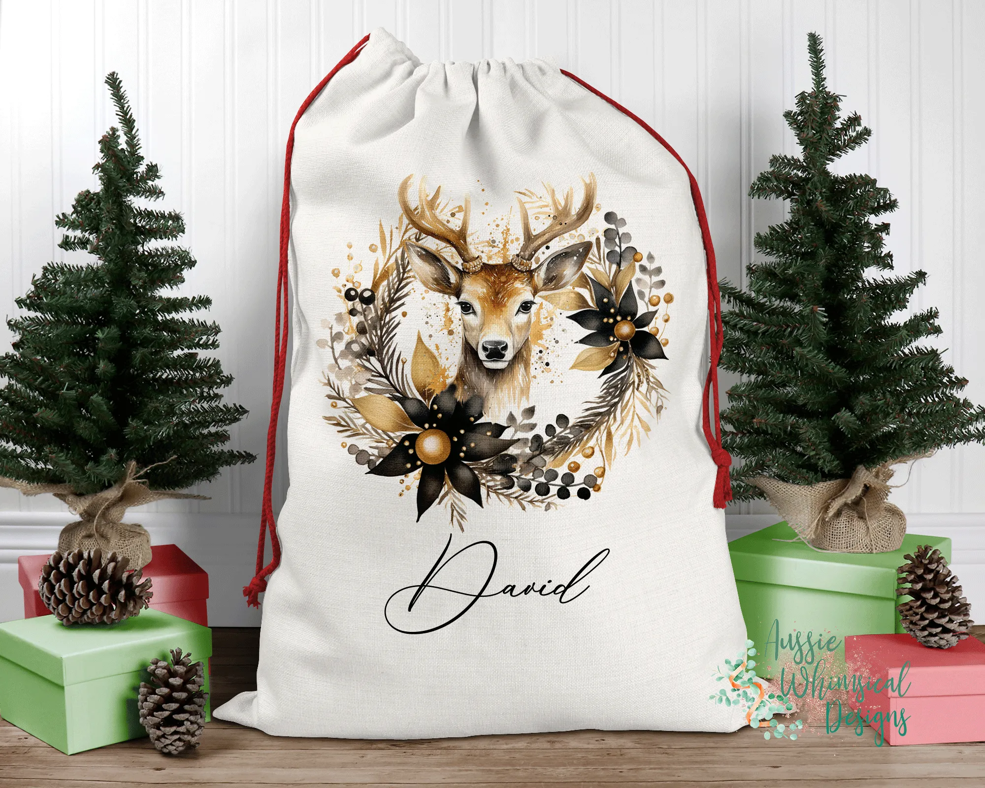 Black and Gold Reindeer Personalised Santa Sack, Linen Bag, Floral and Non-Floral