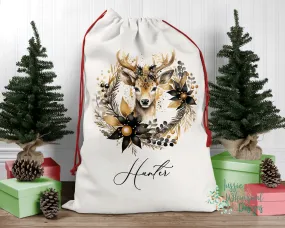 Black and Gold Reindeer Personalised Santa Sack, Linen Bag, Floral and Non-Floral