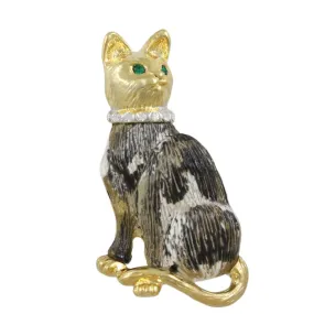 Black and White Cat with Crystal Collar Brooch Pin - PRC305