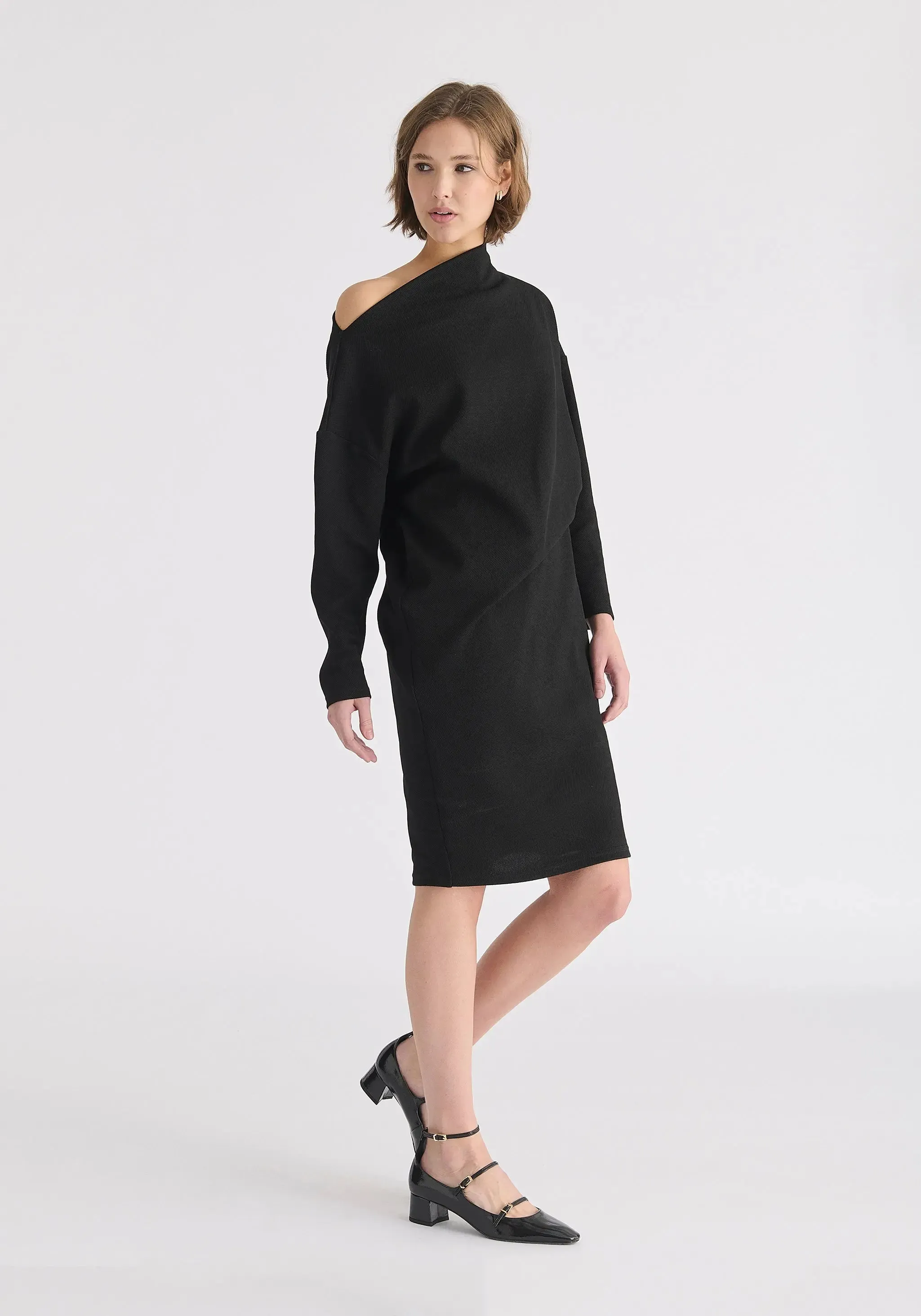 Black Asymmetric Neck Jumper Dress