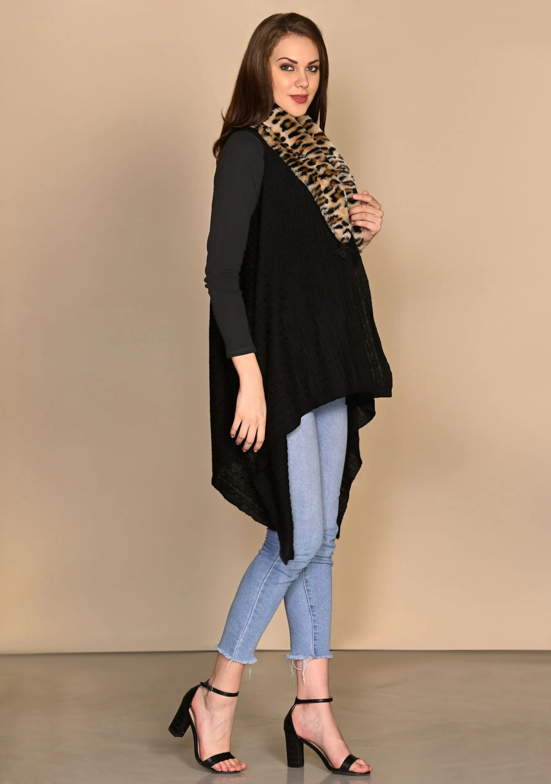 Black Cable Knit Fine Wool Sleeveless Jacket with Leopard Fur Collar