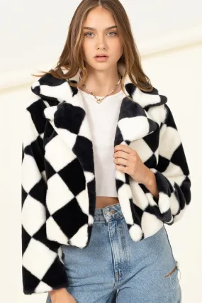 Black Square Relaxing Made Patterned Fur Jacket