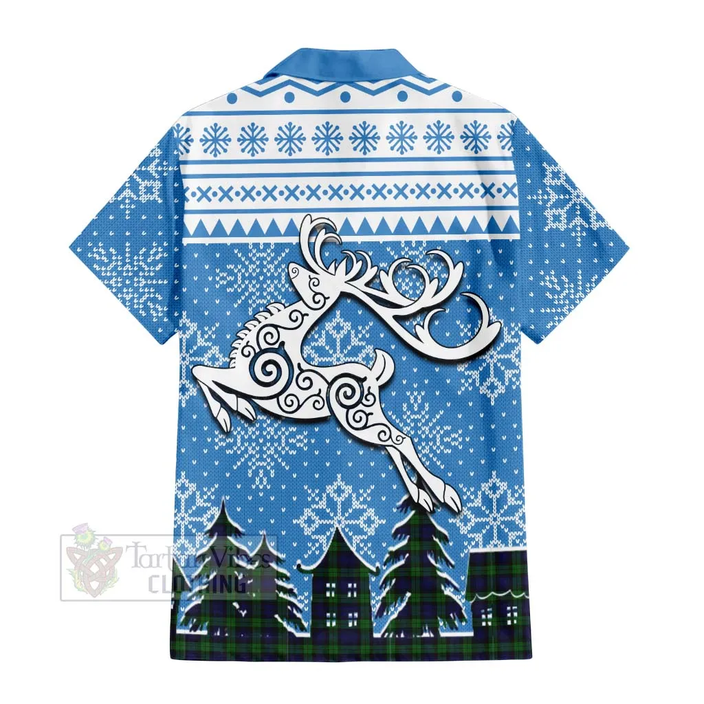 Black Watch Clan Christmas Short Sleeve Button Shirt Celtic Reindeer Style