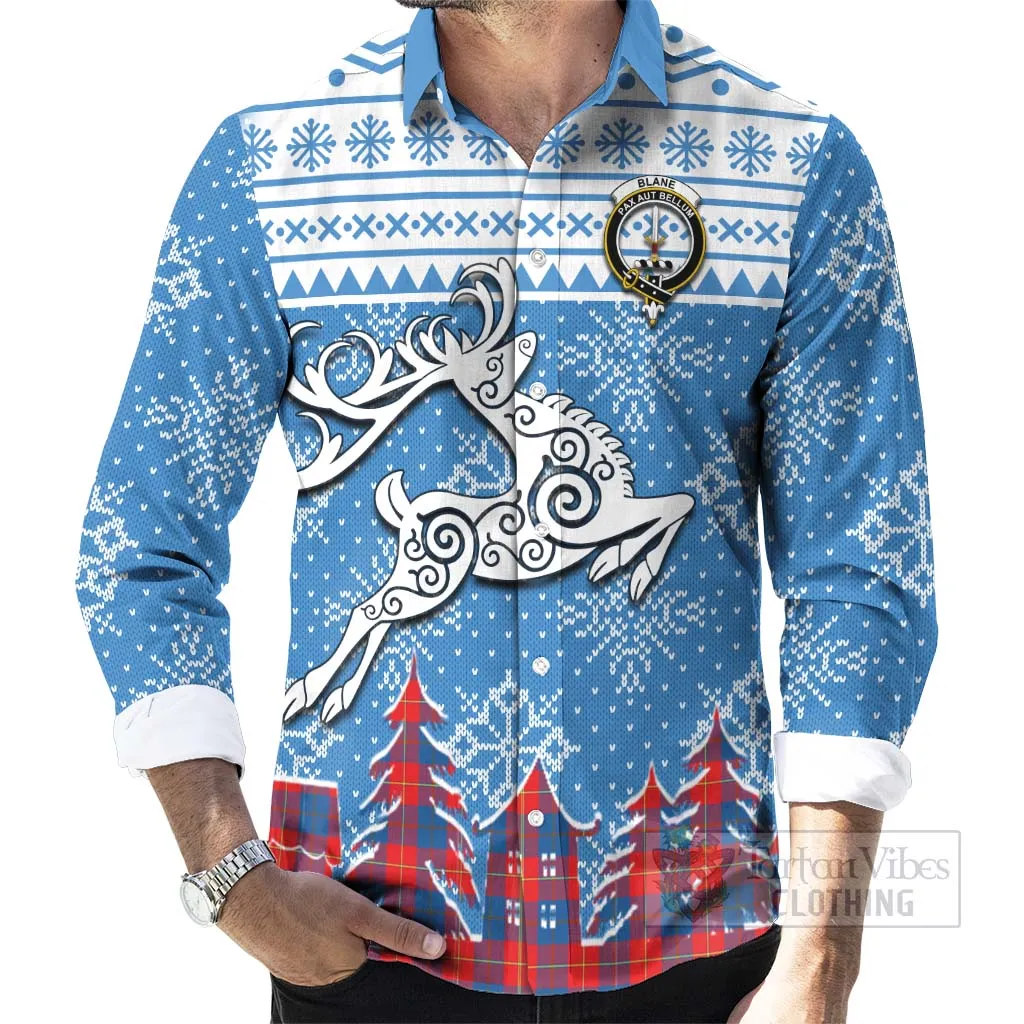 Blane Clan Christmas Long Sleeve Button Shirt Celtic Reindeer Style