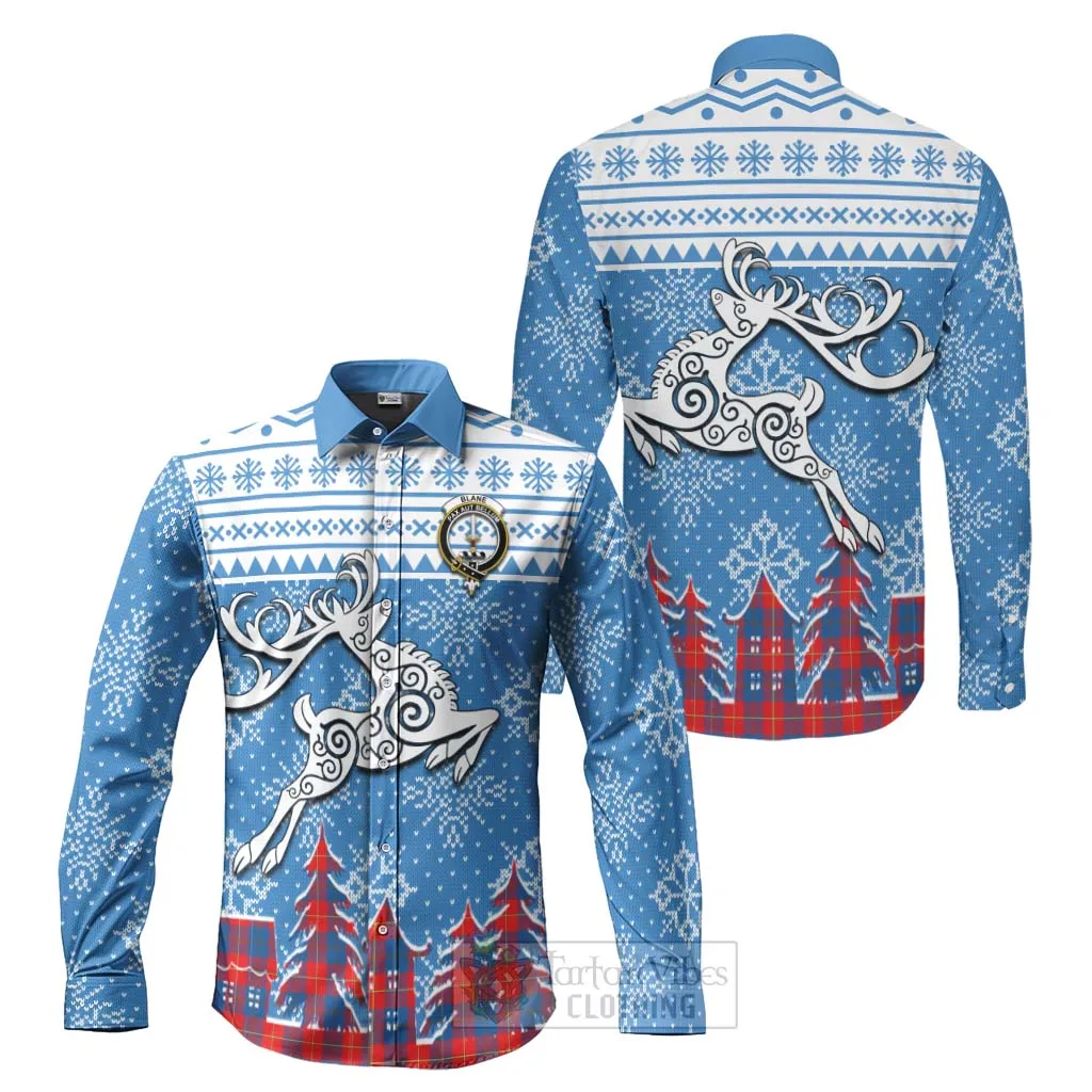 Blane Clan Christmas Long Sleeve Button Shirt Celtic Reindeer Style