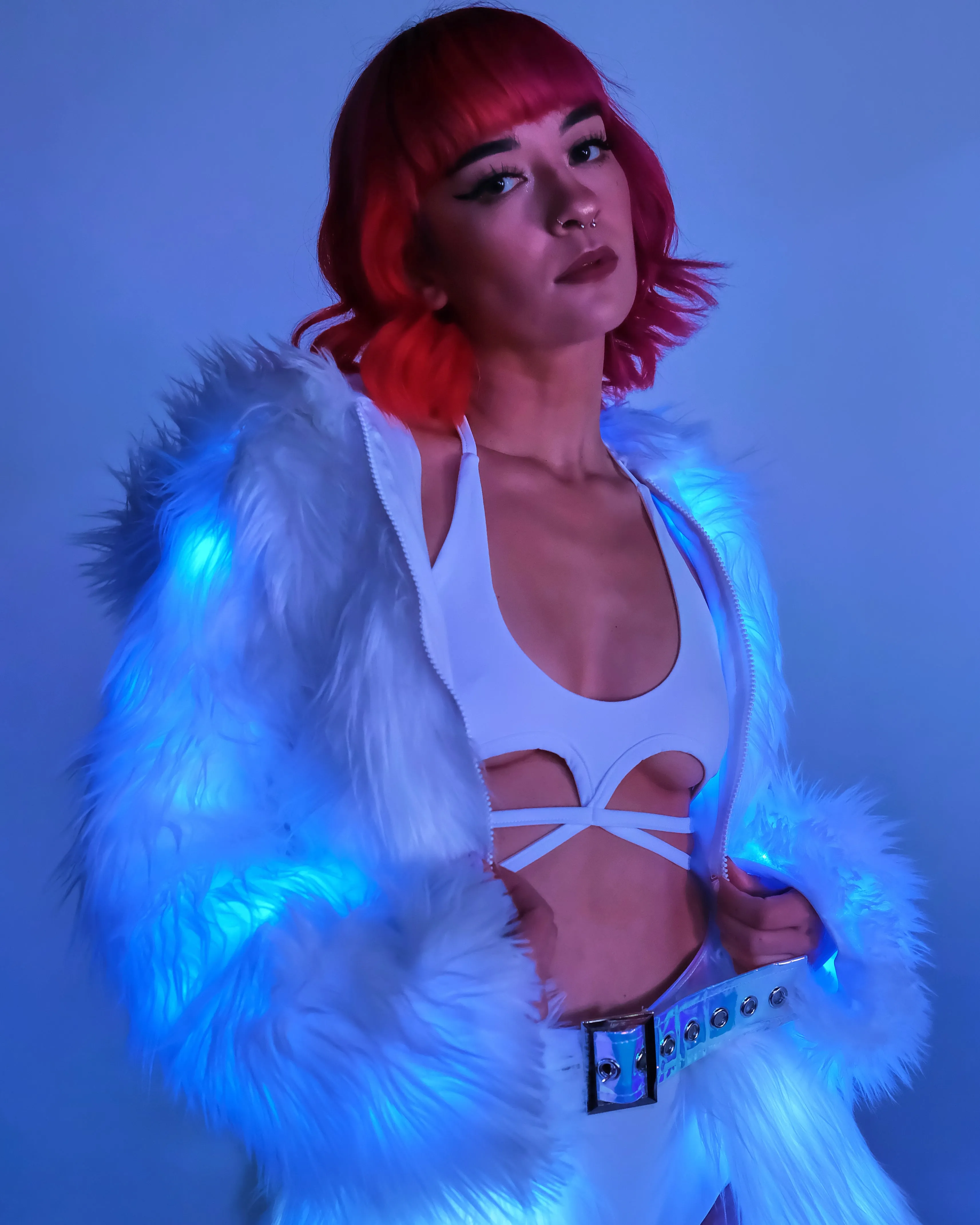 Blue LED White Furry Cropped Hooded Jacket