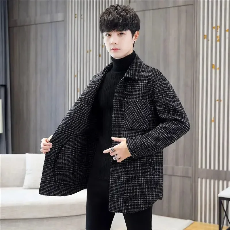 Bonsir Men's Jackets Windbreaker Black Plaid Wool & Blends Male Coats Overcoat High Quality Joker Luxury Designer New in Cold Casual