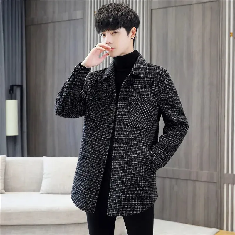 Bonsir Men's Jackets Windbreaker Black Plaid Wool & Blends Male Coats Overcoat High Quality Joker Luxury Designer New in Cold Casual