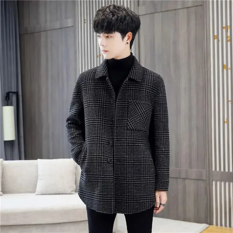 Bonsir Men's Jackets Windbreaker Black Plaid Wool & Blends Male Coats Overcoat High Quality Joker Luxury Designer New in Cold Casual