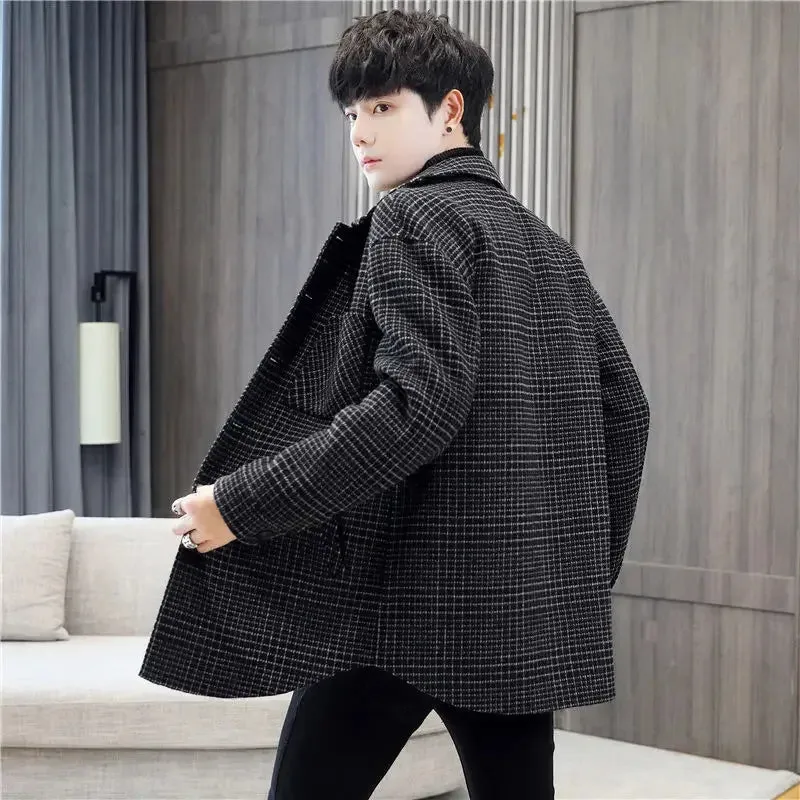 Bonsir Men's Jackets Windbreaker Black Plaid Wool & Blends Male Coats Overcoat High Quality Joker Luxury Designer New in Cold Casual