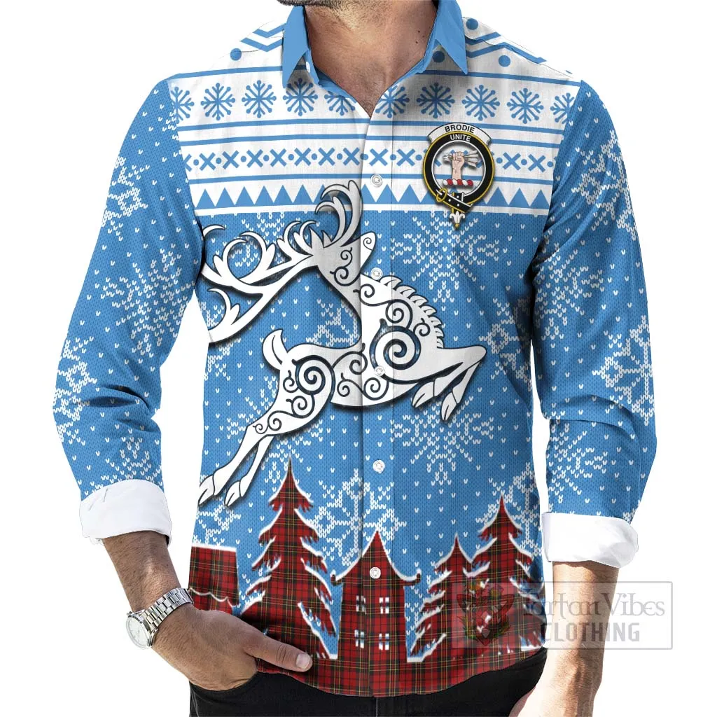 Brodie Clan Christmas Long Sleeve Button Shirt Celtic Reindeer Style