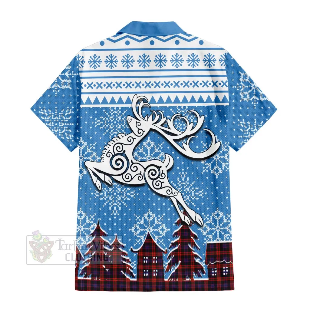 Brown (Broun) Clan Christmas Short Sleeve Button Shirt Celtic Reindeer Style