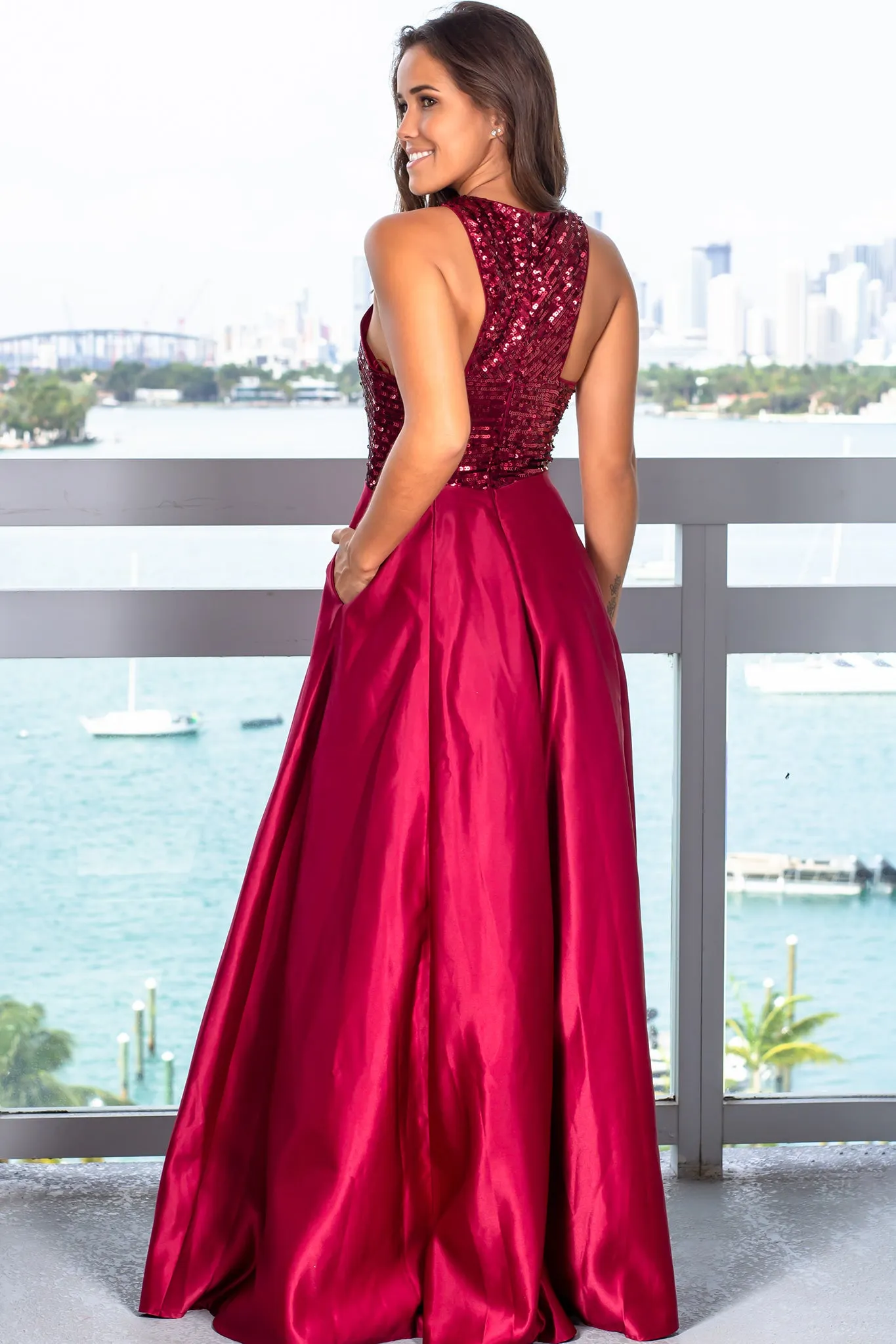 Burgundy Sequin Top Maxi Dress with Pockets