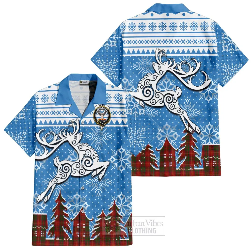 Burns Clan Christmas Short Sleeve Button Shirt Celtic Reindeer Style