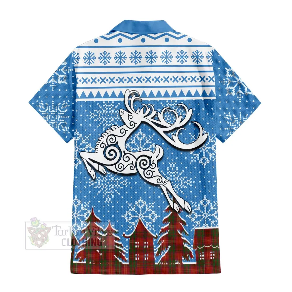 Burns Clan Christmas Short Sleeve Button Shirt Celtic Reindeer Style