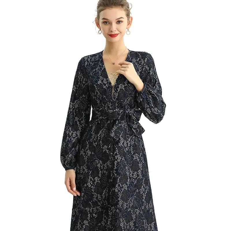 C165 Women bonded sequinned lace long sleeves evening maxi robe dress